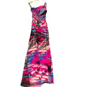DEB Floor Length Tropical Multicolor One Shoulder Rhinestone Gown